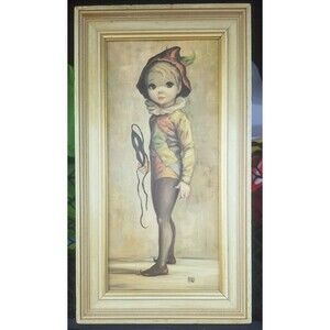 Vintage 1960s Jean Maio Harlequin Boy Big Eyes Framed Print 18"x10" Mid Century